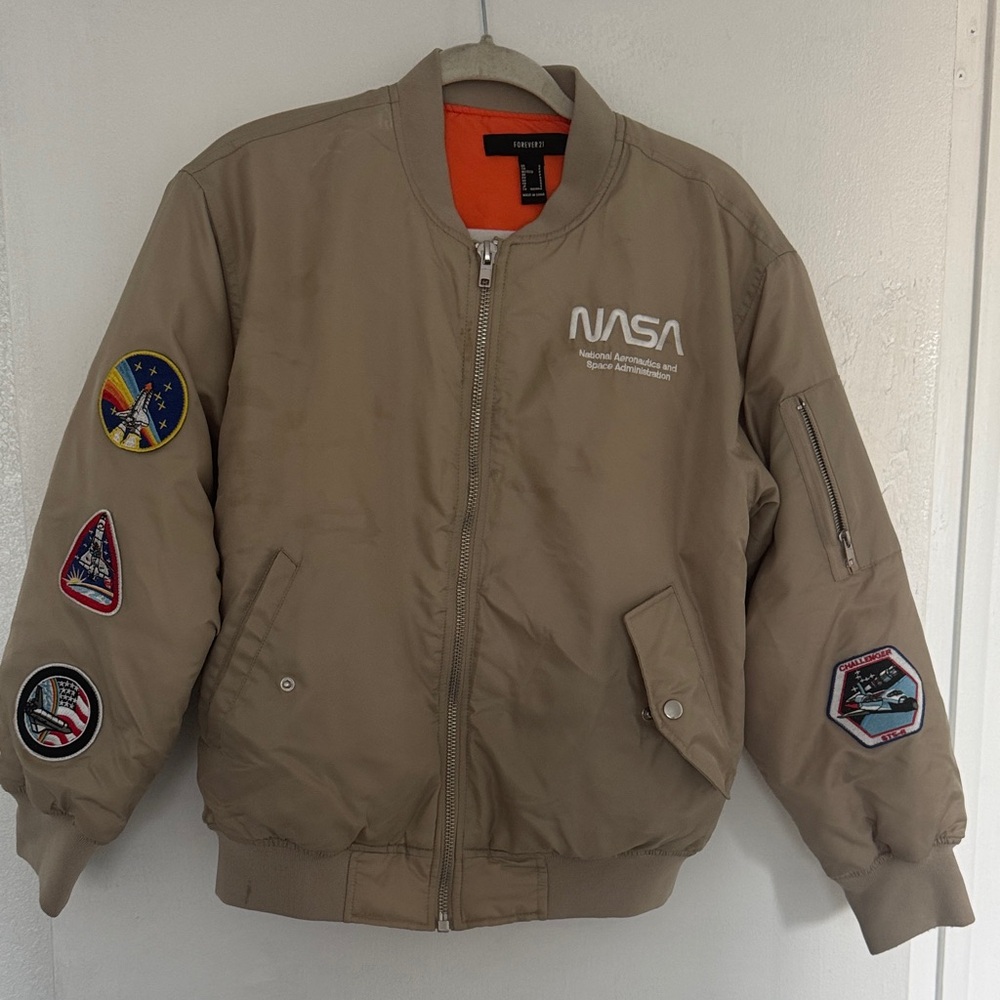 Forever 21 Beige NASA Patch Bomber Jacket